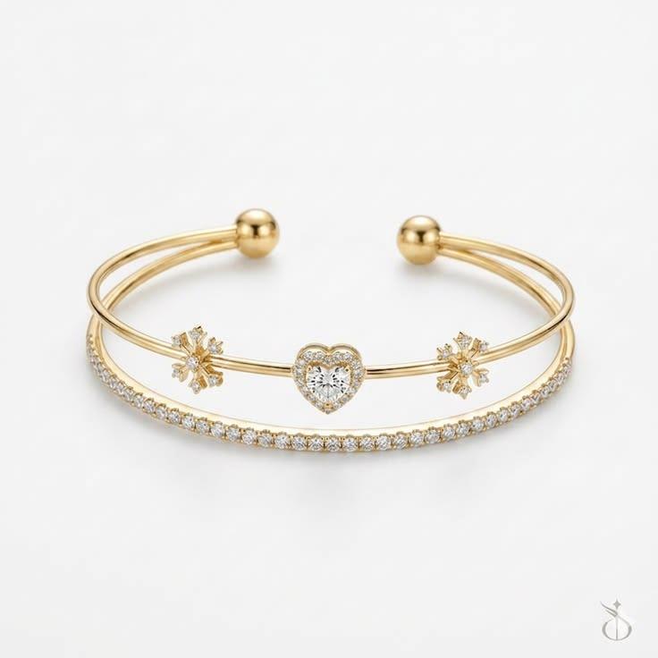  Gold Snowflake and Heart Cuff Bracelet for Women